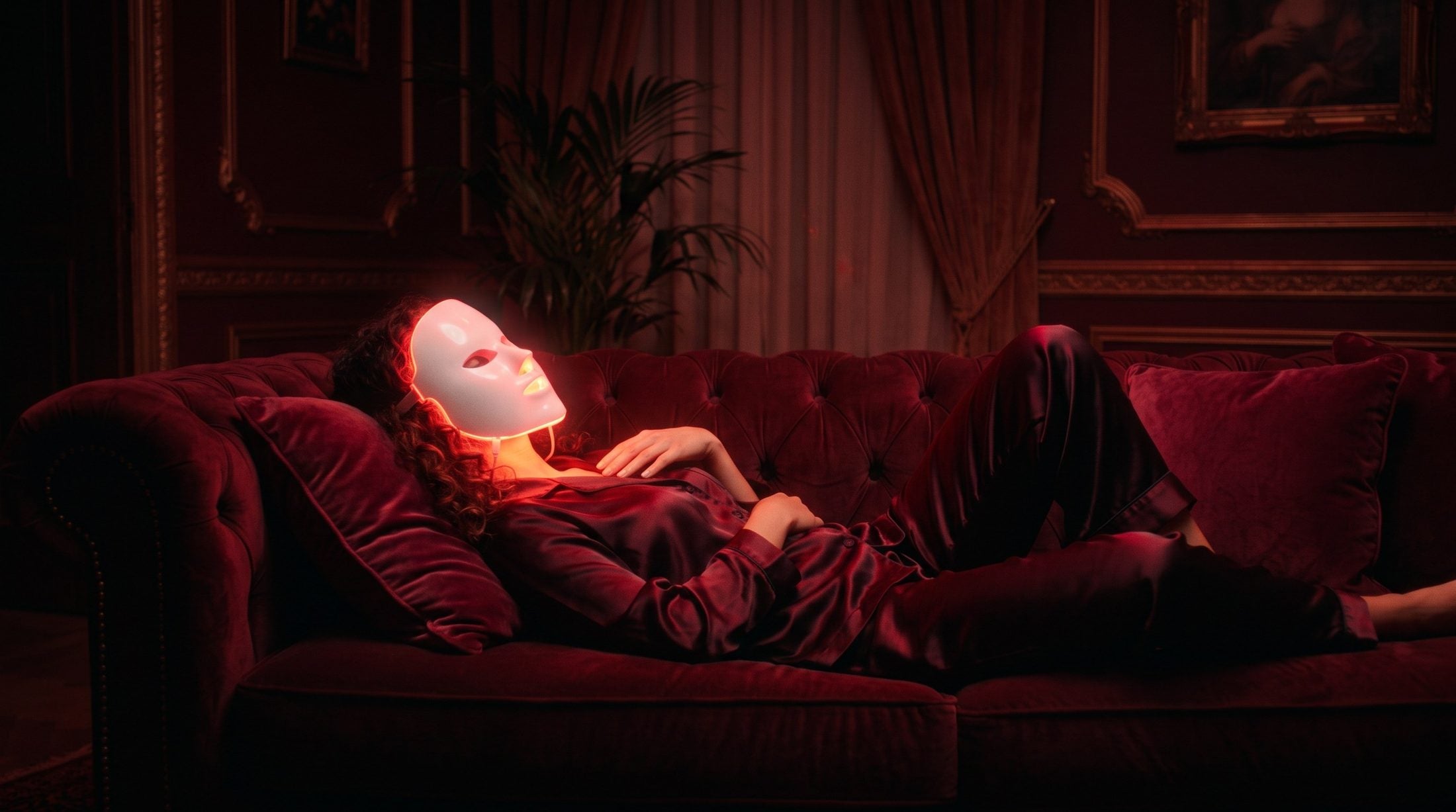 Femme détendue sur un canapé portant le masque LED allumé en rouge