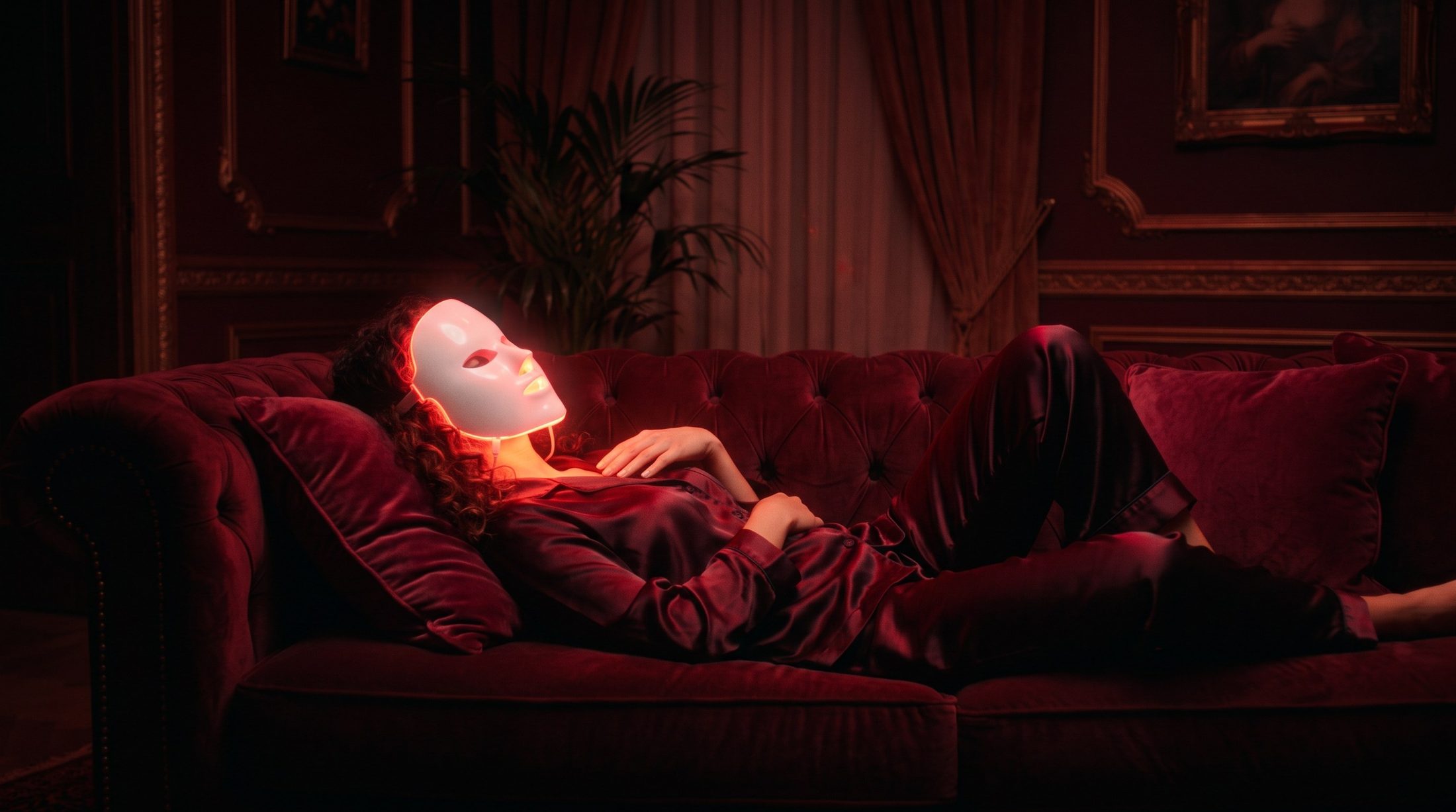 Femme détendue sur un canapé portant le masque LED allumé en rouge